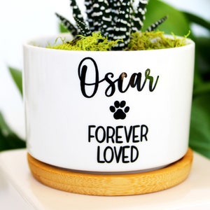 May include: White ceramic planter with a bamboo base. The planter has black lettering that reads "Oscar Forever Loved" with a paw print symbol.