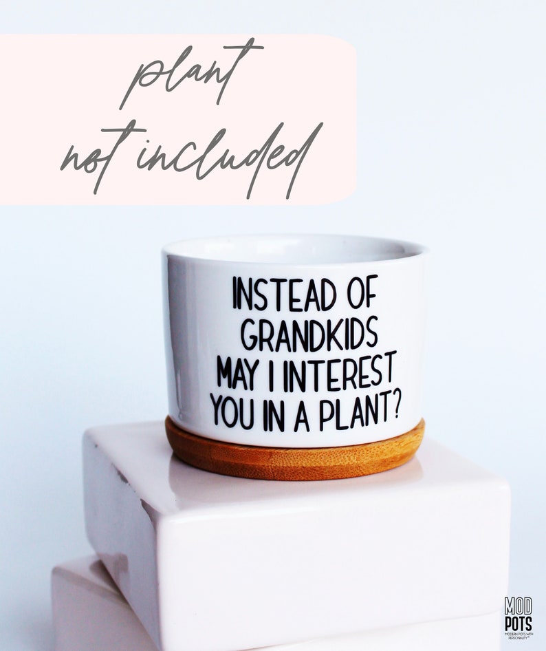 May include: White ceramic plant pot with the text "INSTEAD OF GRANDKIDS MAY I INTEREST YOU IN A PLANT?" in black. The pot sits on a round, natural wood coaster. The words "plant not included" are above the pot.