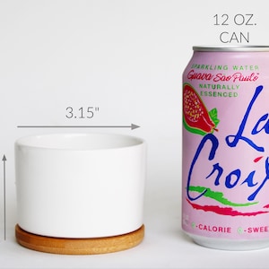 May include: A white ceramic planter, 3.15 inches wide and 2.1 inches tall, sits on a wooden coaster. Next to it is a 12 oz. can of La Croix sparkling water with a guava flavor. The can is pink with a guava illustration.