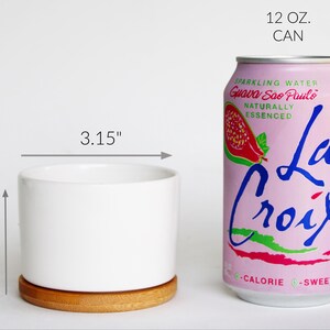 May include: A white ceramic planter, 3.15 inches wide and 2.1 inches tall, sits on a wooden base. Next to it is a pink La Croix can, 12 oz, with guava artwork and text. The planter is a modern design.