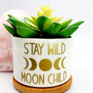 Puede incluir: Maceta de cer&aacute;mica blanca con un dise&ntilde;o dorado que dice "Stay Wild Moon Child" con un gr&aacute;fico de luna creciente y luna llena dorada. La maceta tiene una planta suculenta verde en su interior y una base de madera.