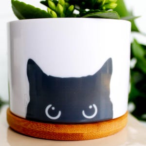 May include: A white ceramic planter with a black cat silhouette peeking over the rim. The planter has a bamboo base.