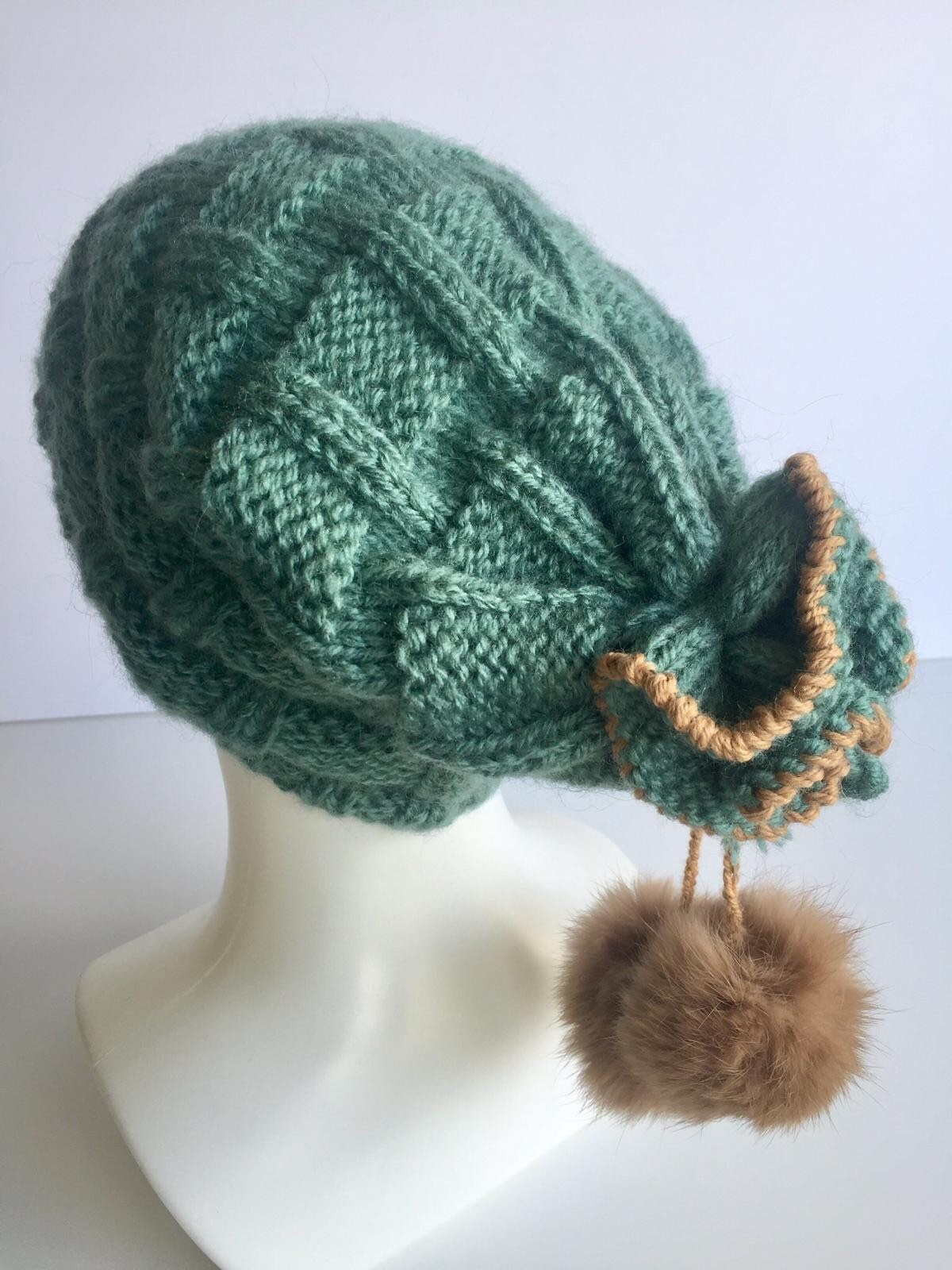Pale Green Wool Hat With Fur Pom Pom Slouchy Beanie Green Etsy UK