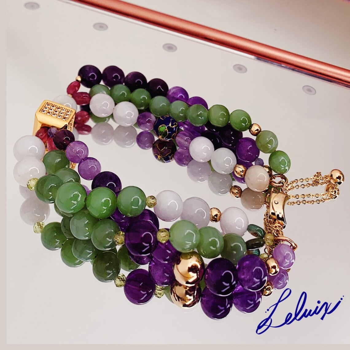 Natural jade and amethyst gemstone bracelet solid 14K gold Etsy