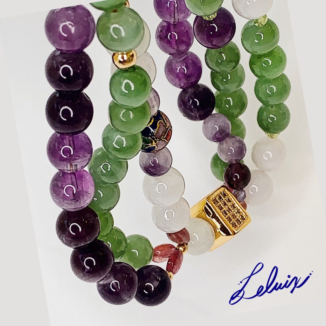 Natural jade and amethyst gemstone bracelet solid 14K gold Etsy