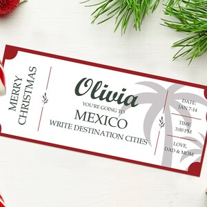 Cupón de viaje sorpresa de Navidad a México - DESCARGA INSTANTÁNEA - Texto EDITABLE - Boleto de viaje sorpresa imprimible personalizado, Boleto a México,
