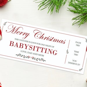 Cupón de regalo de niñera para Navidad - DESCARGA INSTANTÁNEA - Texto editable - Imprimible, personalizado, Cupón de niñera, Cupón de niñera