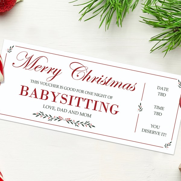 Christmas Babysitting Gift Coupon - INSTANT DOWNLOAD - EDITABLE Text - Printable, Personalized, Babysitting coupon, Baby sitting coupon