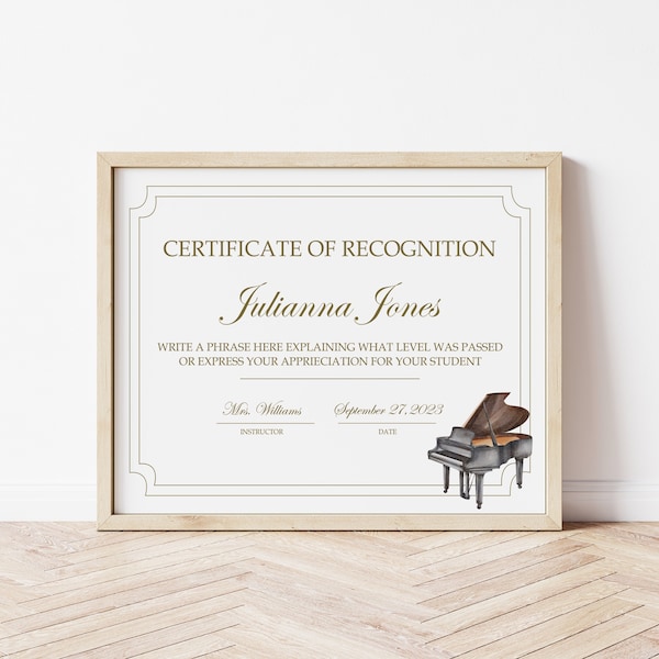 Editable Piano Recital Certificate 8.5x11" -  INSTANT DOWNLOAD - Piano Certificate, Piano Lesson, Piano end of year Recital Certificate