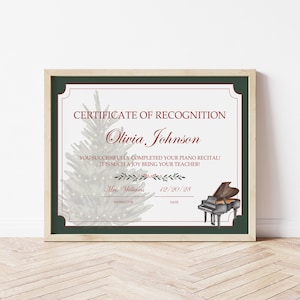 Christmas Piano Recital Certificate 8 5x11 quot INSTANT DOWNLOAD Piano
