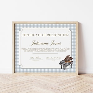 Editable Piano Recital Certificate 8.5x11&quot; -  INSTANT DOWNLOAD - Piano Certificate, Piano Lesson, Piano end of year Recital Certificate