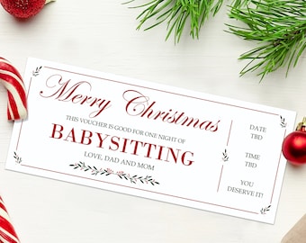 Christmas Babysitting Gift Coupon - INSTANT DOWNLOAD - EDITABLE Text - Printable, Personalized, Babysitting coupon, Baby sitting coupon