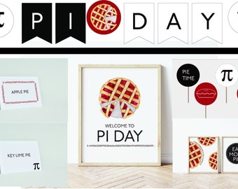 Pi Day Party druckbare Bundle - SOFORTIGER DOWNLOAD - Nicht bearbeitbarer Text - Torte, Dekorationen, Essenszelte, Banner, Schild, Willkommen, Topper, Pizza Pi