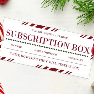 Christmas Subscription Box Gift Certificate  - INSTANT DOWNLOAD - EDITABLE Text - Subscription printable, Holiday Subscription voucher
