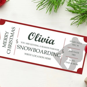 Editable Snowboarding Gift Coupon - INSTANT DOWNLOAD -  Printable Snowboarding Trip Gift Certificate, Snowboarding Trip Gift Voucher
