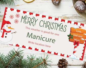 Christmas Manicure Gift Voucher  - INSTANT DOWNLOAD - EDITABLE Text - Printable, Manicure Gifts, Pedicure gift coupon, Last Minute Gift idea