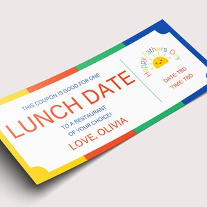 Father&#39;s Day Lunch Date Coupon Gift Certificate  - INSTANT DOWNLOAD - EDITABLE Text - Printable, Personalized, Father&#39;s Day gifts from kids