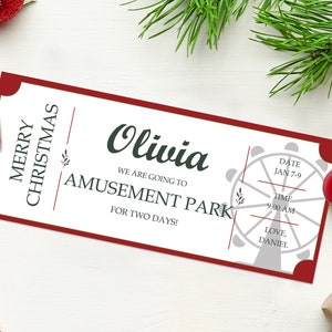 Christmas Surprise Theme Park Vacation Coupon - INSTANT DOWNLOAD - EDITABLE Text - Printable, Personalized Surprise Amusement Park Ticket