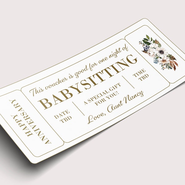 Anniversary Babysitting Coupon Voucher  - INSTANT DOWNLOAD - EDITABLE Text -Printable, Personalized, Ticket, Certificate, Coupon, child care