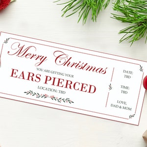 Christmas Ear Piercing Coupon Certificate  - INSTANT DOWNLOAD - EDITABLE Text - Printable, Personalized, Ticket, Last Minute Gift Idea
