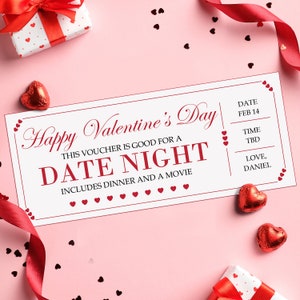 Vale de regalo para una cita romántica en San Valentín - DESCARGA INSTANTÁNEA - Texto EDITABLE - Imprimible, Sorpresa, Personalizado, Ticket, Cupones de amor, amor