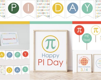Pi Day Party Printable Bundle - INSTANT DOWNLOAD - Editable Text - Pie Decorations, Food Tents, Banner, Pi Classroom Party, Pi Party decor