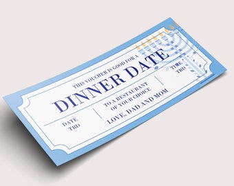 Hanukkah Dinner Date Gift Voucher  - INSTANT DOWNLOAD - EDITABLE Text - Printable, Surprise, Personalized, Ticket, Hanukkah Gift Certificate