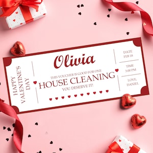 Voucher huisreinigingsbon voor Valentijnsdag - INSTANT DOWNLOAD - BEWERKBARE tekst - cadeaubon huisreiniging, waardebon huisreiniging