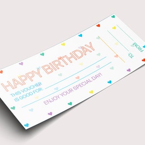 Children&#39;s Birthday Coupon Voucher  - INSTANT DOWNLOAD - Noneditable-Ticket, Certificate, Birthday, Heart, Multi Color, Gift, children, girl