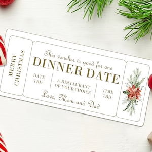 Cadeaubon kerstdiner - INSTANT DOWNLOAD - BEWERKBARE tekst - afdrukbare dinercadeaubon, dinerkaartsjabloon, ticket