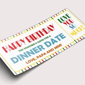 誕生日ディナークーポン券 - 即時ダウンロード - 編集可能なテキスト - 印刷可能、パーソナライズ、チケット、証明書、誕生日、クーポン、子供