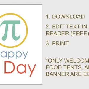 K&ouml;nnte beinhalten: Ein druckbares Schild mit einem gelben Kreis und einem blauen Pi-Symbol. Der Text "Happy PI Day" ist in roten und blauen Buchstaben geschrieben.