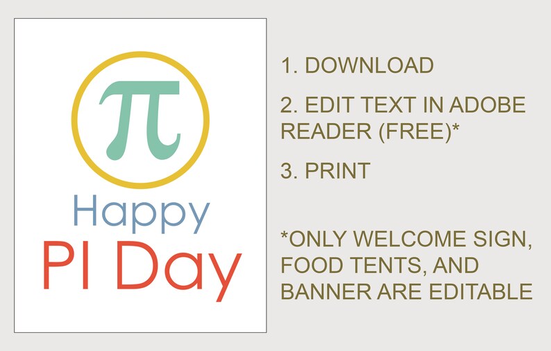 K&ouml;nnte beinhalten: Ein druckbares Schild mit einem gelben Kreis und einem blauen Pi-Symbol. Der Text "Happy PI Day" ist in roten und blauen Buchstaben geschrieben.