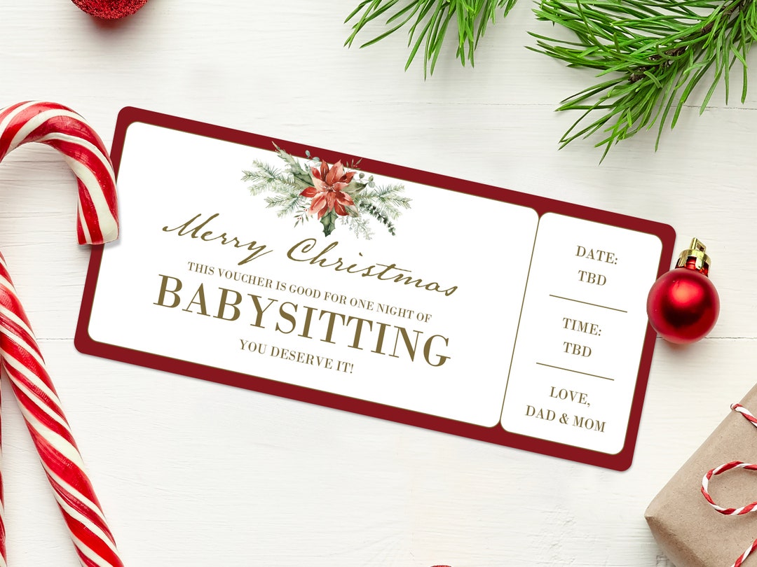 Christmas Babysitting Gift Coupon INSTANT DOWNLOAD EDITABLE Text