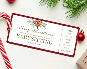 Christmas Babysitting Gift Coupon  - INSTANT DOWNLOAD - EDITABLE Text - babysitting coupon printables, free babysitting coupon christmas