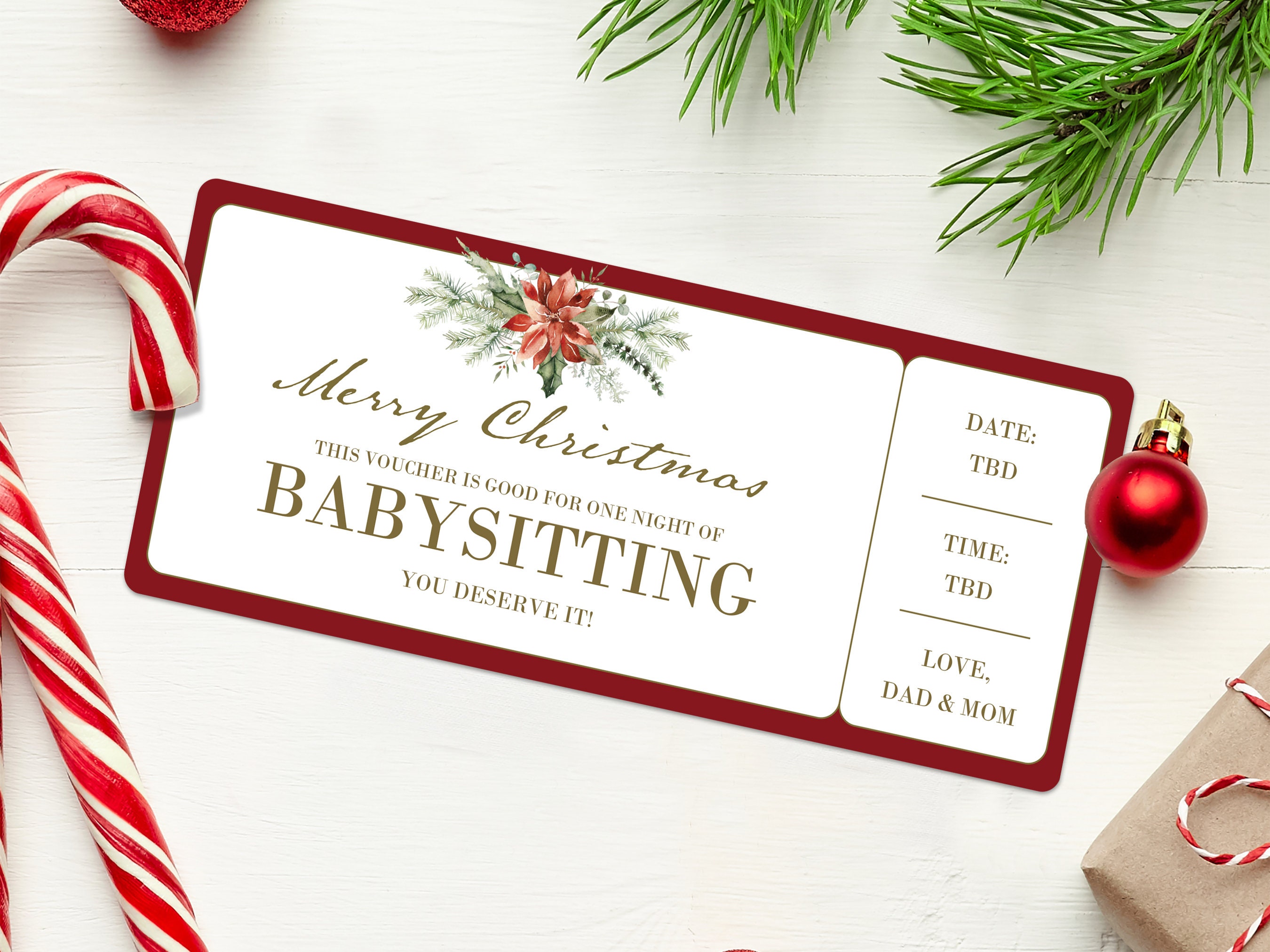 Christmas Babysitting Gift Coupon INSTANT DOWNLOAD