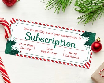 Christmas Subscription Certificate Coupon  - INSTANT DOWNLOAD - EDITABLE Text - Subscription printable, Subscription Template print off