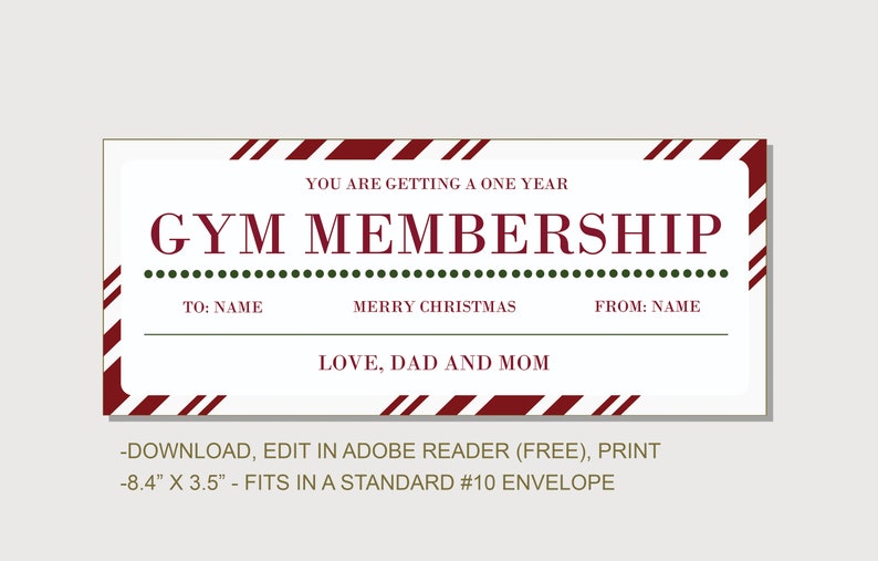 Christmas Gym Membership Gift Coupon INSTANT DOWNLOAD Etsy