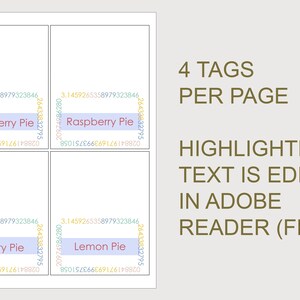 K&ouml;nnte beinhalten: Vier druckbare Etiketten mit hellblauem Hintergrund und wei&szlig;em Rand. Die Etiketten sind mit "Strawberry Pie", "Raspberry Pie", "Cherry Pie" und "Lemon Pie" beschriftet. Der Text ist in Adobe Reader bearbeitbar. Der Text "4 TAGS PER PAGE" und "HIGHLIGHTED TEXT IS EDITABLE IN ADOBE READER (FREE)" wird in brauner Schrift angezeigt.
