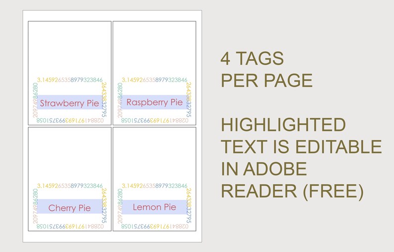 K&ouml;nnte beinhalten: Vier druckbare Etiketten mit hellblauem Hintergrund und wei&szlig;em Rand. Die Etiketten sind mit "Strawberry Pie", "Raspberry Pie", "Cherry Pie" und "Lemon Pie" beschriftet. Der Text ist in Adobe Reader bearbeitbar. Der Text "4 TAGS PER PAGE" und "HIGHLIGHTED TEXT IS EDITABLE IN ADOBE READER (FREE)" wird in brauner Schrift angezeigt.