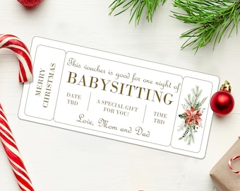 Christmas Babysitting Coupon Voucher  - INSTANT DOWNLOAD - EDITABLE Text - Printable, Personalized, Ticket, Certificate, Christmas, Coupon