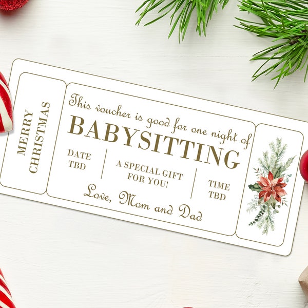 Christmas Babysitting Coupon Voucher  - INSTANT DOWNLOAD - EDITABLE Text - Printable, Personalized, Ticket, Certificate, Christmas, Coupon