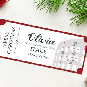 Cupom de férias surpresa de Natal na Itália - DOWNLOAD INSTANTÂNEO - Texto EDITÁVEL - Férias surpresa personalizadas na Europa para impressão, Roma, Itália