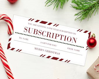 Christmas Subscription Certificate Coupon  - INSTANT DOWNLOAD - EDITABLE Text - Subscription printable, Subscription Template print off