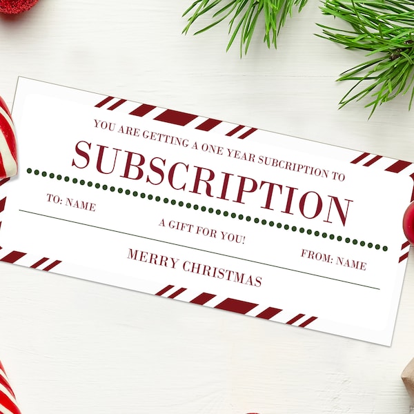 Christmas Subscription Certificate Coupon  - INSTANT DOWNLOAD - EDITABLE Text - Subscription printable, Subscription Template print off