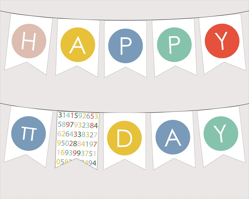 K&ouml;nnte beinhalten: Ein farbenfrohes Banner mit den Worten "HAPPY" und "PI DAY" in wei&szlig;en Buchstaben auf wei&szlig;em Hintergrund. Die Buchstaben befinden sich in Kreisen in verschiedenen Farben: rosa, gelb, blau, gr&uuml;n, rot, blau, gelb, blau und gr&uuml;n.