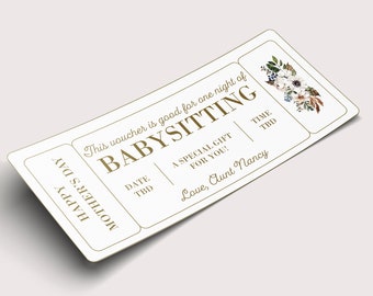 Mother's Day Babysitting Coupon Voucher  - INSTANT DOWNLOAD - EDITABLE Text - Printable, Personalized, Ticket, Certificate, Mother, Coupon