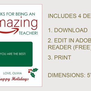 May include: Printable Christmas gift tag with a green background and a red Amazon logo. The text reads "Thanks for being an amazing teacher!" and "You are the best!" with a holly design. The tag includes the text "Love, Olivia" and "Happy Holidays".