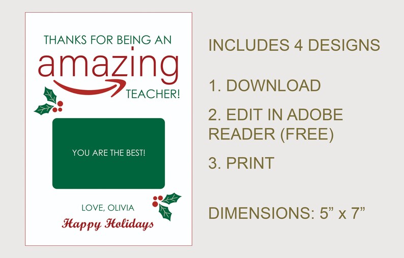 May include: Printable Christmas gift tag with a green background and a red Amazon logo. The text reads "Thanks for being an amazing teacher!" and "You are the best!" with a holly design. The tag includes the text "Love, Olivia" and "Happy Holidays".