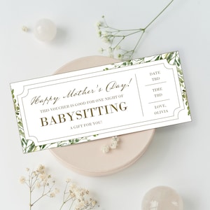 Mother's Day Babysitting Coupon Voucher  - INSTANT DOWNLOAD - EDITABLE Text - Printable, Personalized, Ticket, Certificate, Mother, Floral